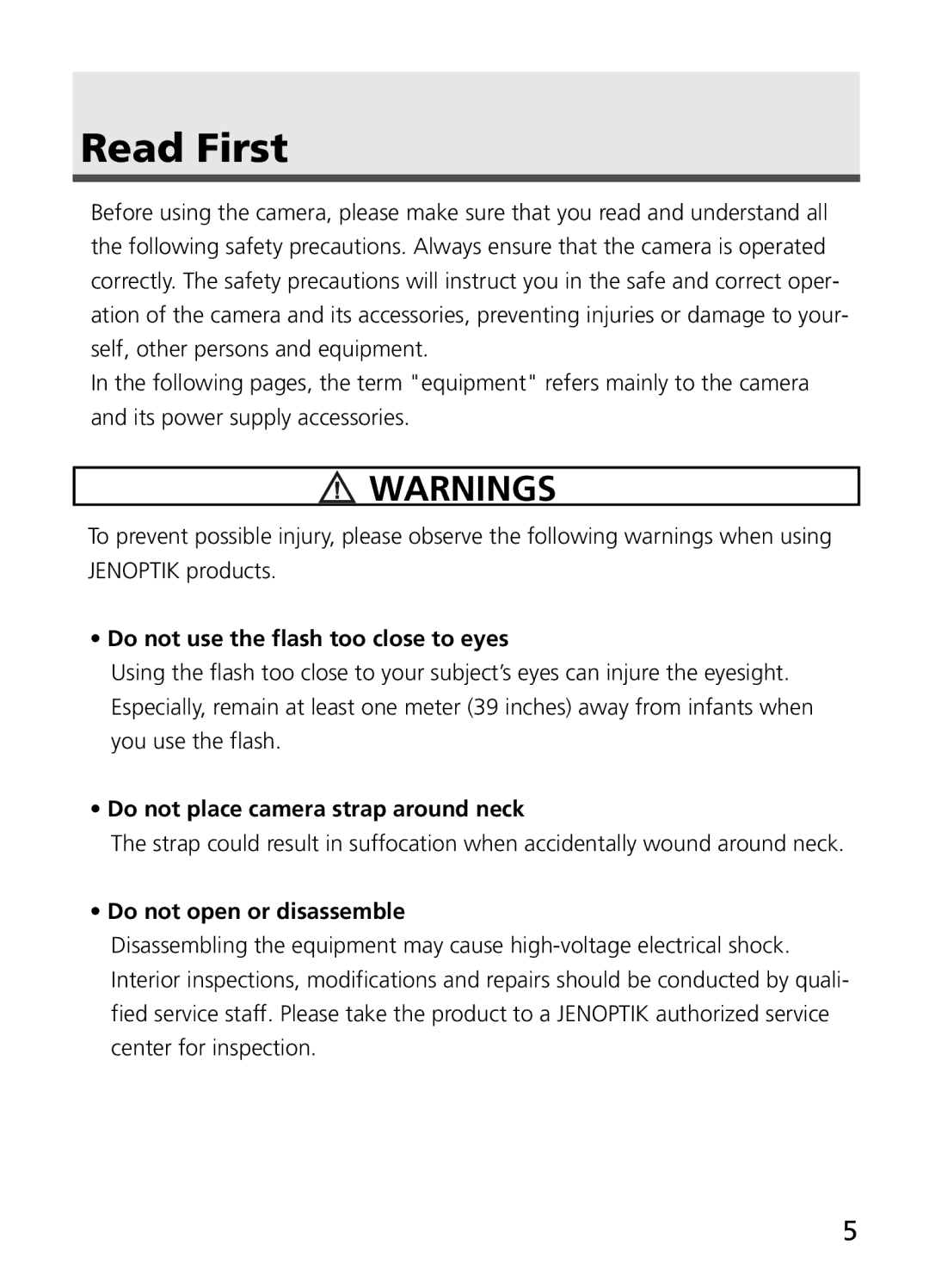 Jenoptik JD 4.1Z8 manual Read First, Do not use the flash too close to eyes, Do not place camera strap around neck 