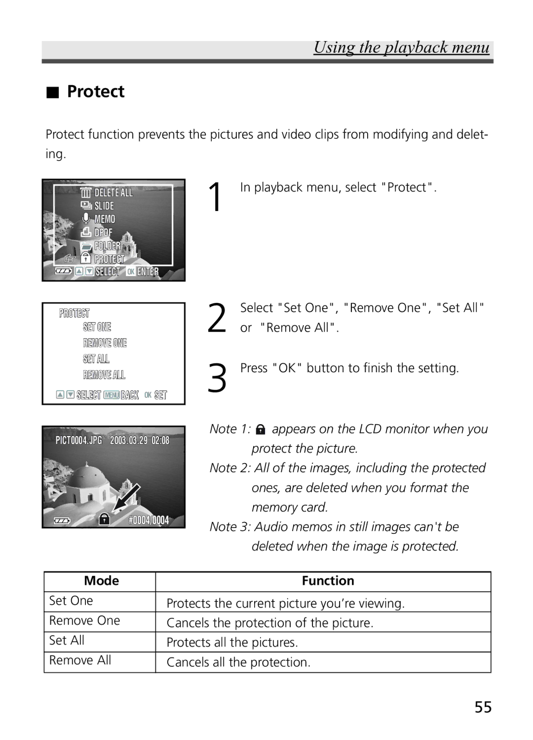 Jenoptik JD 4.1Z8 manual Playback menu, select Protect 