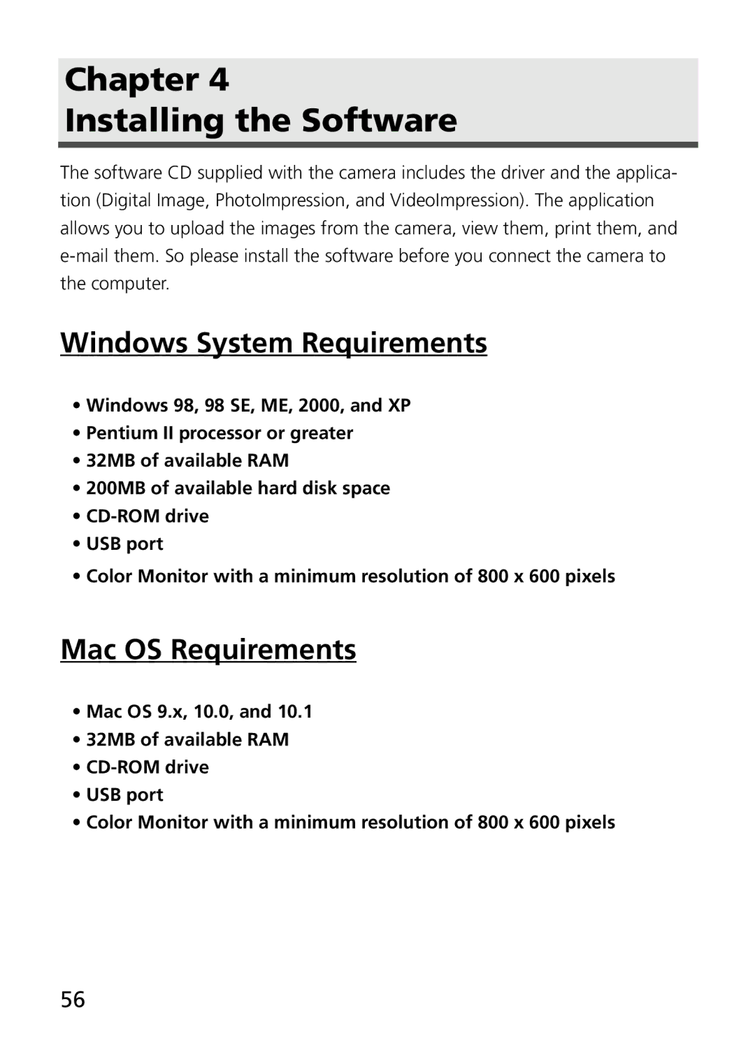 Jenoptik JD 4.1Z8 manual Chapter Installing the Software, Windows System Requirements, Mac OS Requirements 