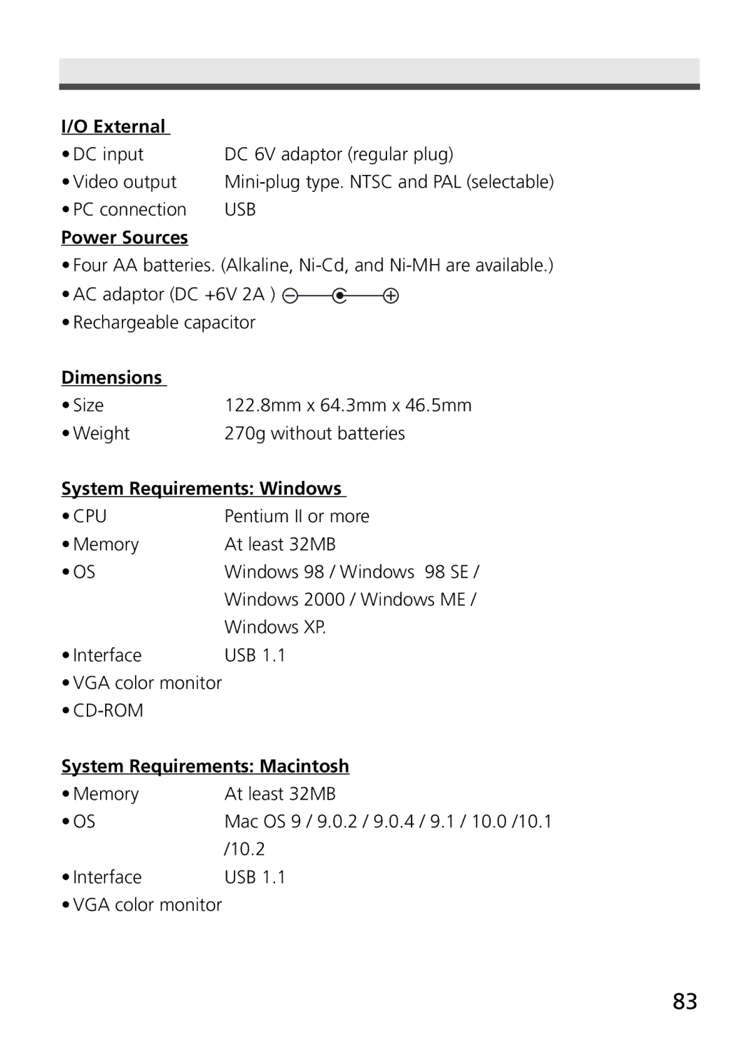 Jenoptik JD 4.1Z8 manual External, Power Sources, Dimensions, System Requirements Windows, System Requirements Macintosh 