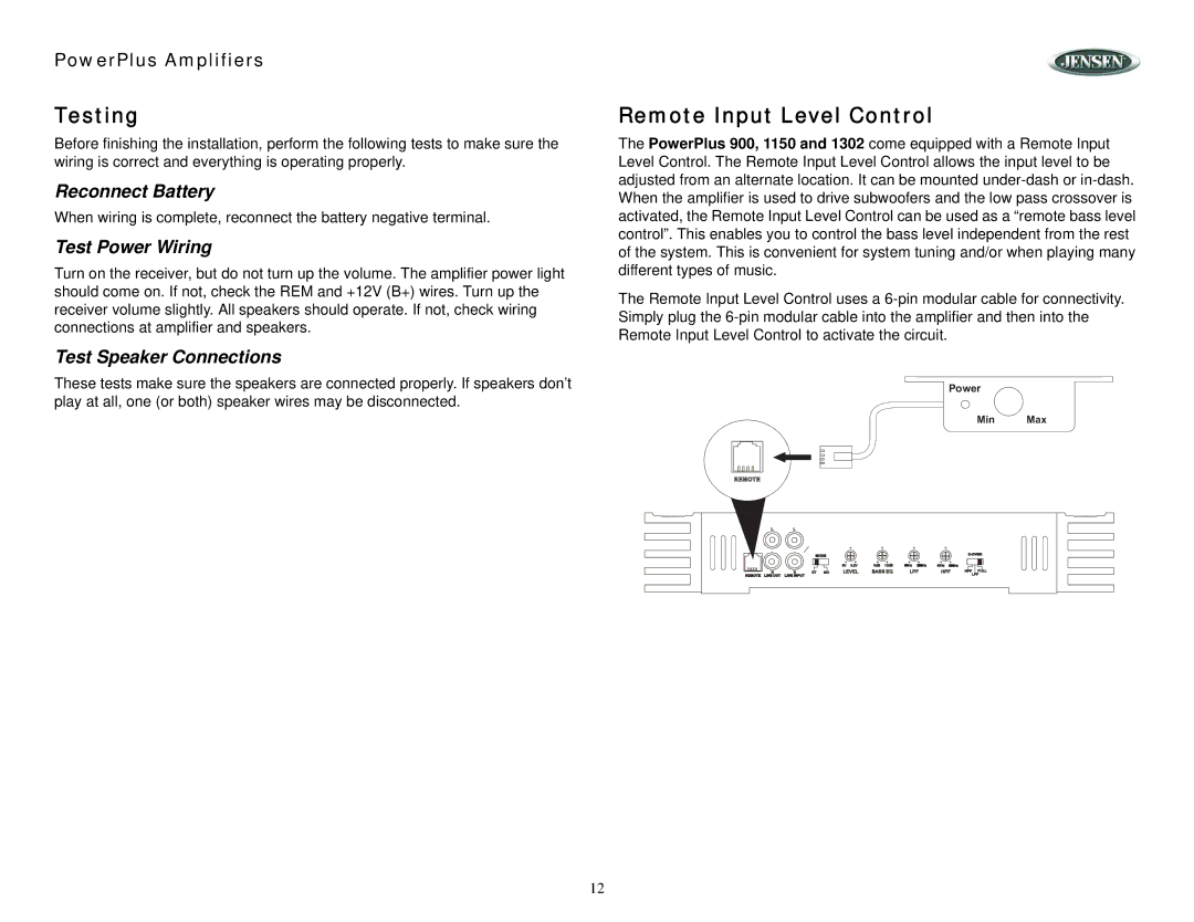 Jensen 420, 1150, 1302 Testing, Remote Input Level Control, Reconnect Battery, Test Power Wiring, Test Speaker Connections 
