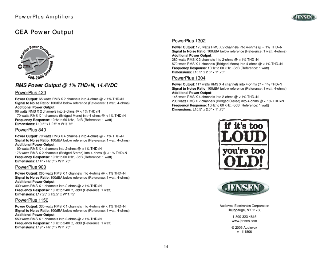 Jensen 840, 1150, 1302, 420, 1304 operation manual CEA Power Output, RMS Power Output @ 1% THD+N, 14.4VDC 