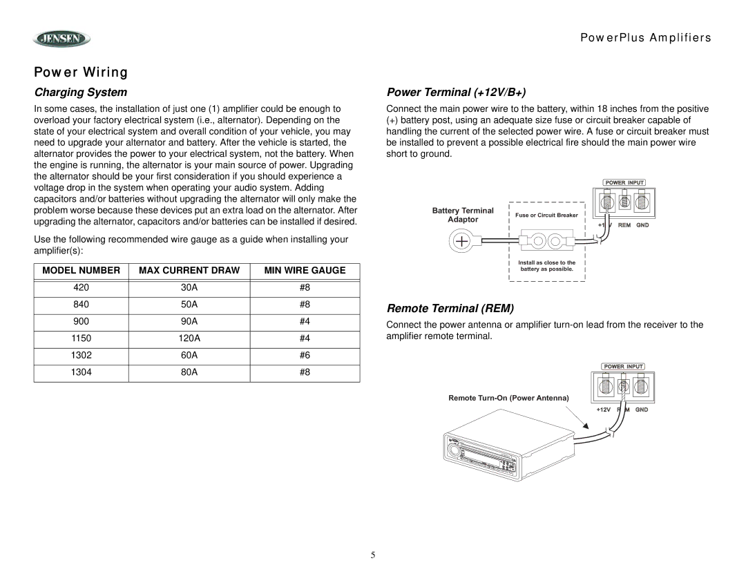 Jensen 1150, 1302, 420, 1304, 840 operation manual Power Wiring, Charging System, Power Terminal +12V/B+, Remote Terminal REM 