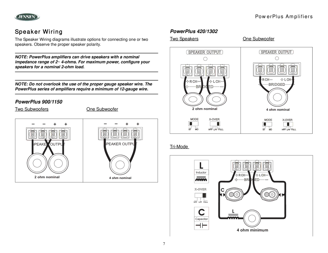 Jensen 1304, 840 operation manual Speaker Wiring, PowerPlus 900/1150, PowerPlus 420/1302 