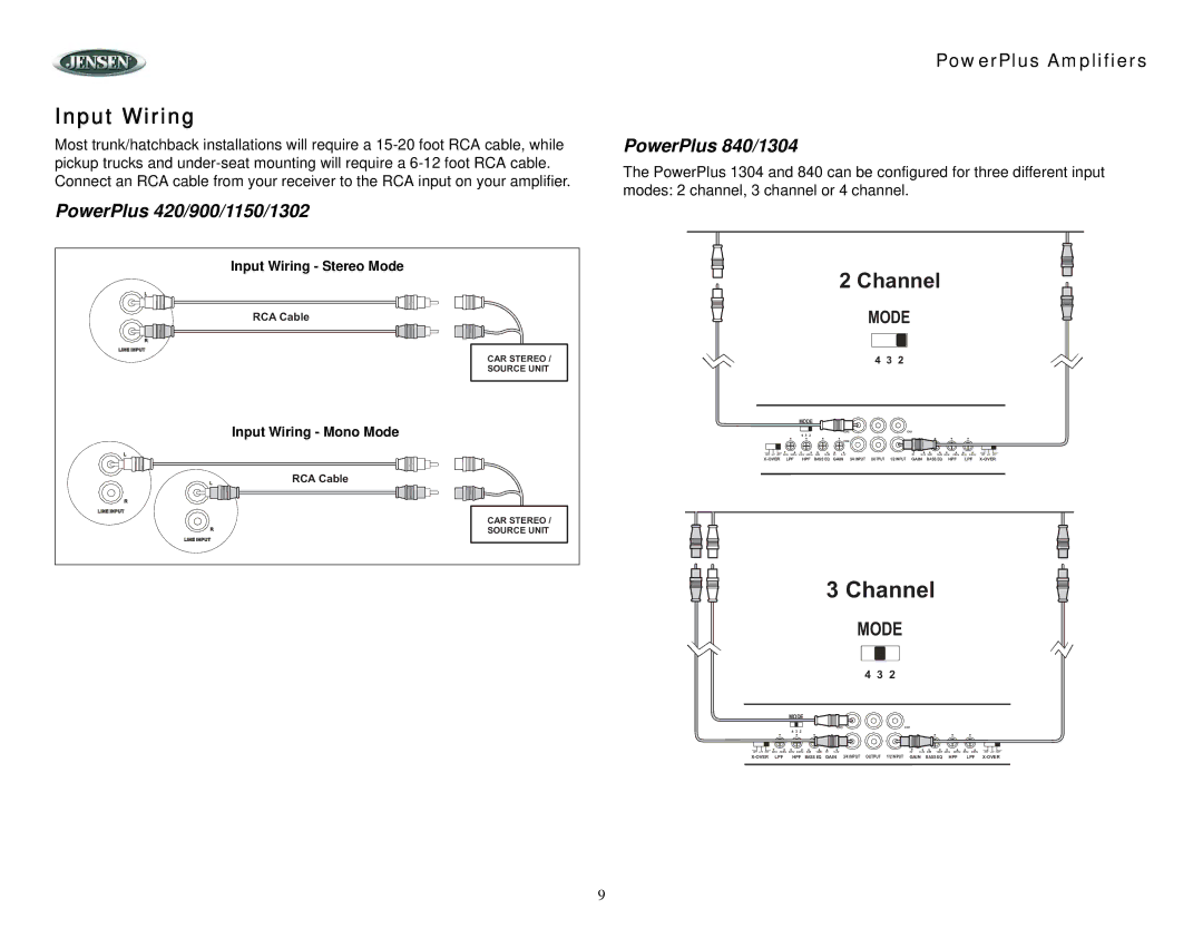 Jensen 840, 1304 operation manual Input Wiring, PowerPlus 420/900/1150/1302 