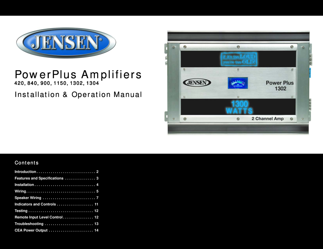 Jensen 1302, 1304 operation manual 420, 840, 900, 1150, PowerPlus Amplifiers, Installation & Operation Manual, Contents 