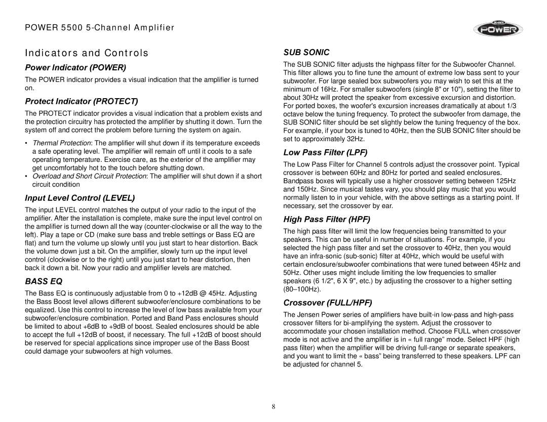 Jensen 5500 operation manual Indicators and Controls 