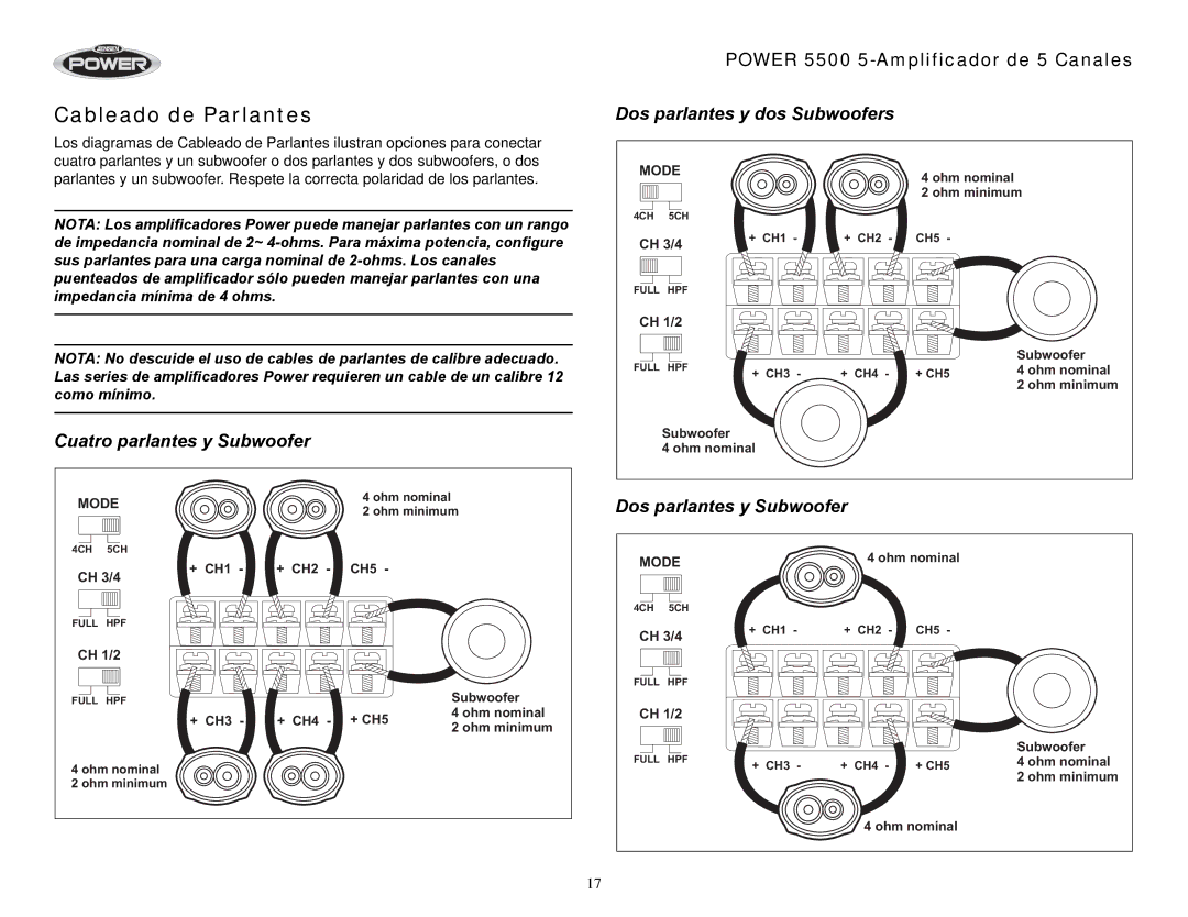 Jensen 5500 Cableado de Parlantes, Cuatro parlantes y Subwoofer, Dos parlantes y dos Subwoofers, Dos parlantes y Subwoofer 