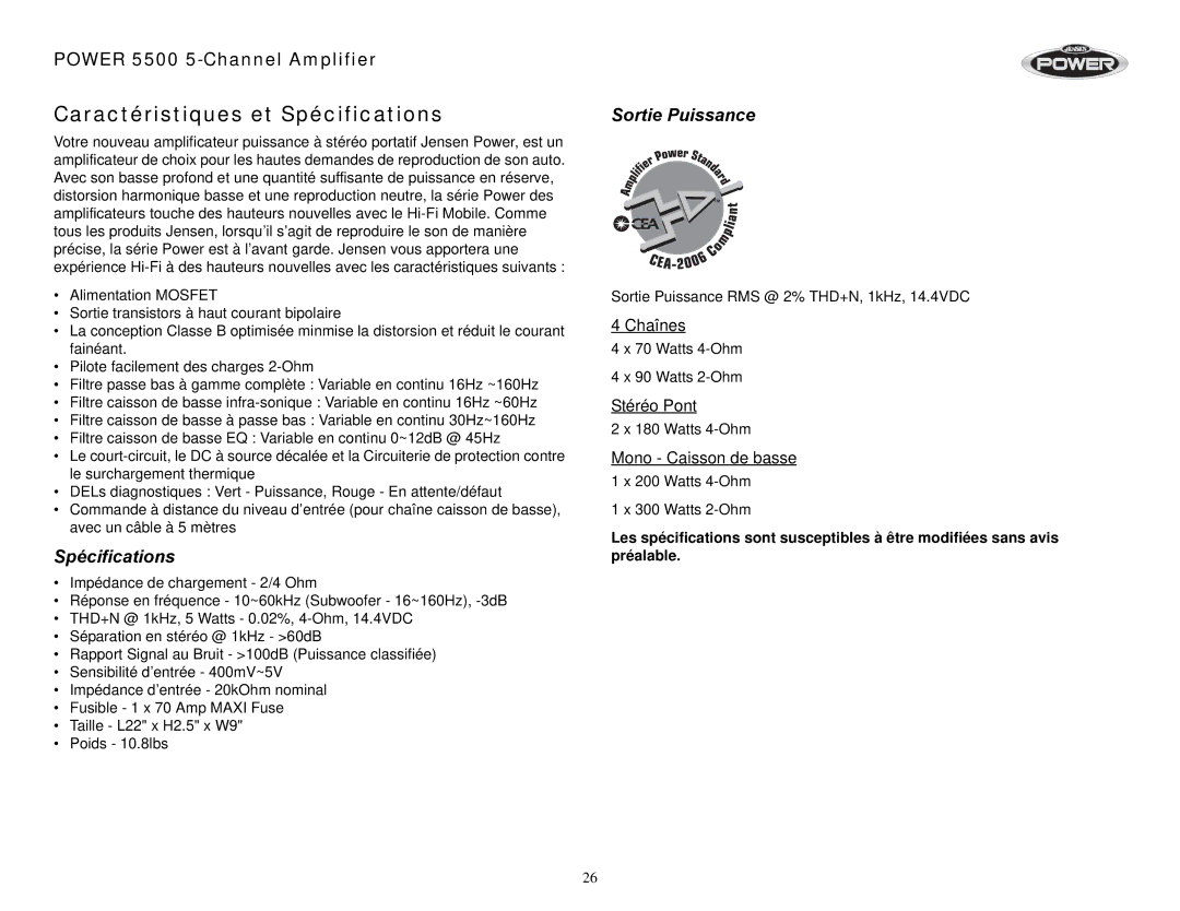 Jensen 5500 operation manual Sortie Puissance, Spécifications 