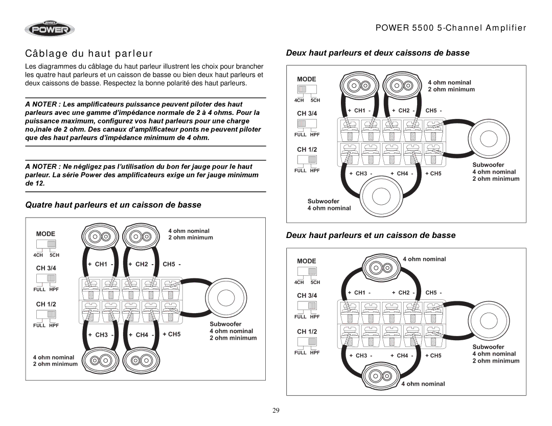 Jensen 5500 operation manual Câblage du haut parleur, Quatre haut parleurs et un caisson de basse 
