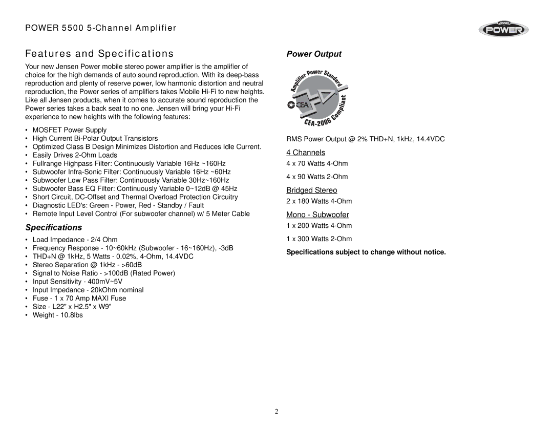 Jensen 5500 operation manual Features and Specifications, Power Output 