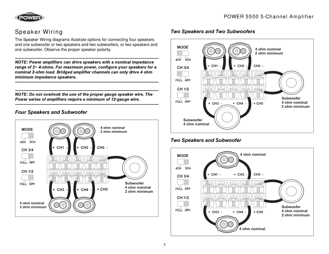 Jensen 5500 Speaker Wiring, Four Speakers and Subwoofer, Two Speakers and Two Subwoofers, Two Speakers and Subwoofer 