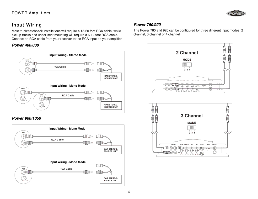 Jensen 760, 900, 1050, 880, 400, 920 operation manual Input Wiring, Channel 