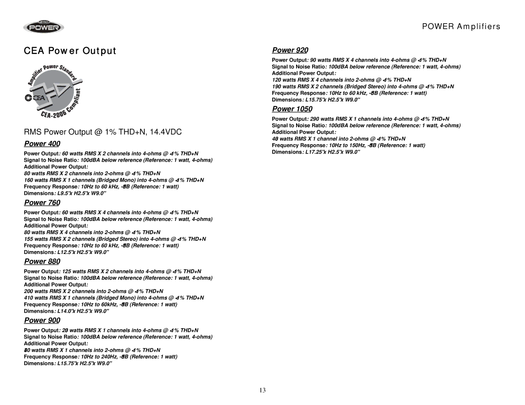 Jensen 400, 900, 1050, 880, 760, 920 operation manual CEA Power Output, RMS Power Output @ 1% THD+N, 14.4VDC 