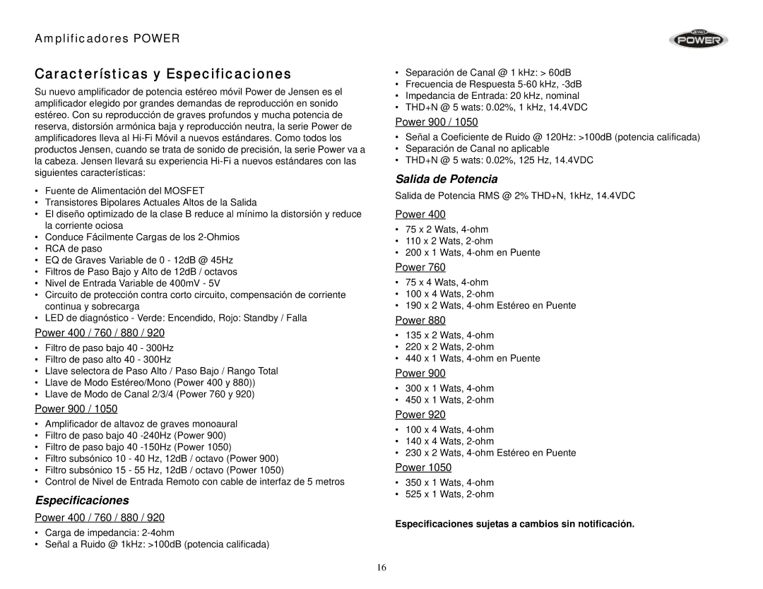 Jensen 900, 1050, 880, 400, 760, 920 operation manual Características y Especificaciones, Salida de Potencia 