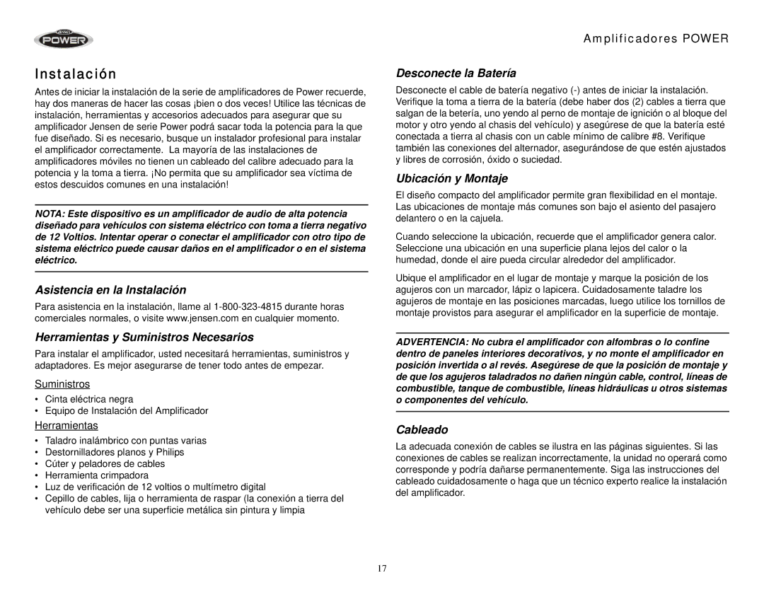 Jensen 1050, 900, 880, 400, 760, 920 operation manual Instalación, Desconecte la Batería, Ubicación y Montaje, Cableado 