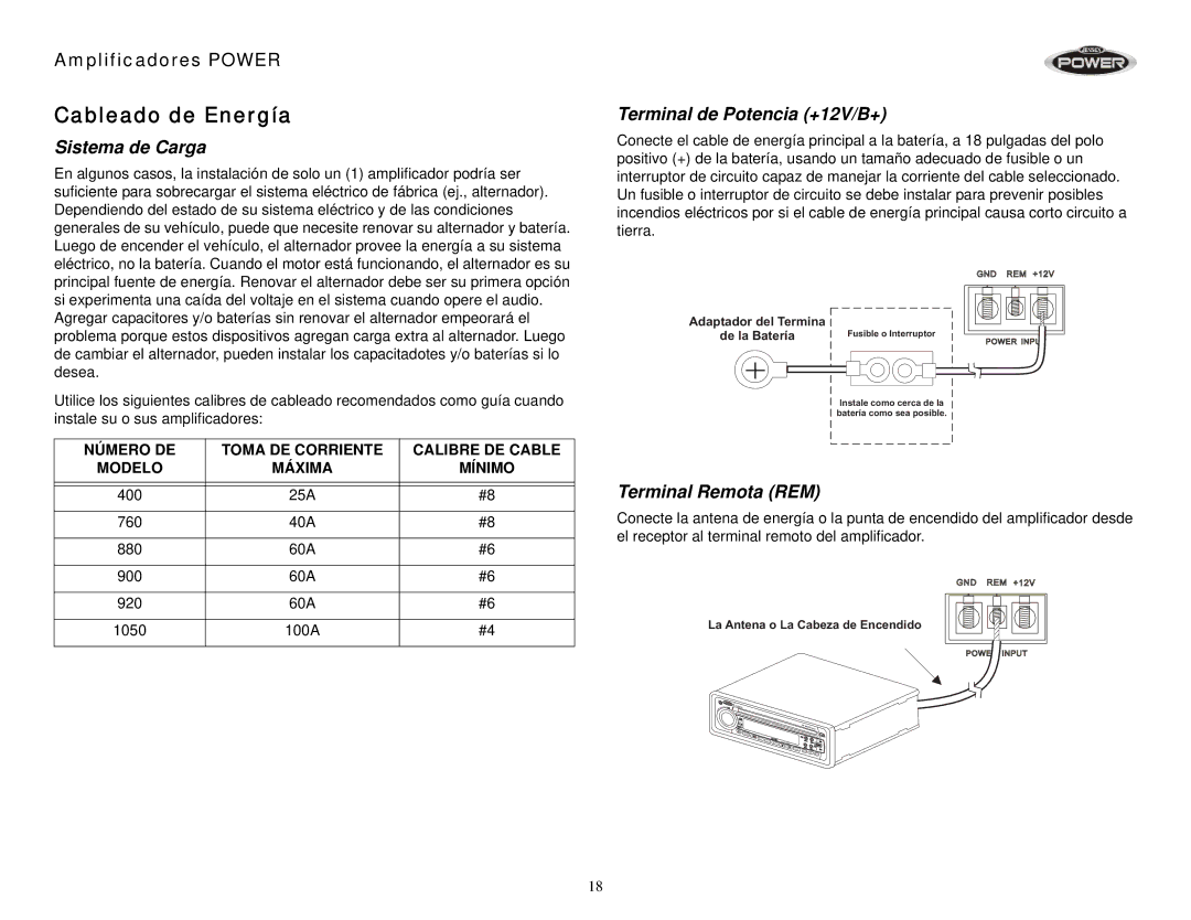 Jensen 880, 900, 1050, 400, 760, 920 Cableado de Energía, Sistema de Carga, Terminal de Potencia +12V/B+, Terminal Remota REM 