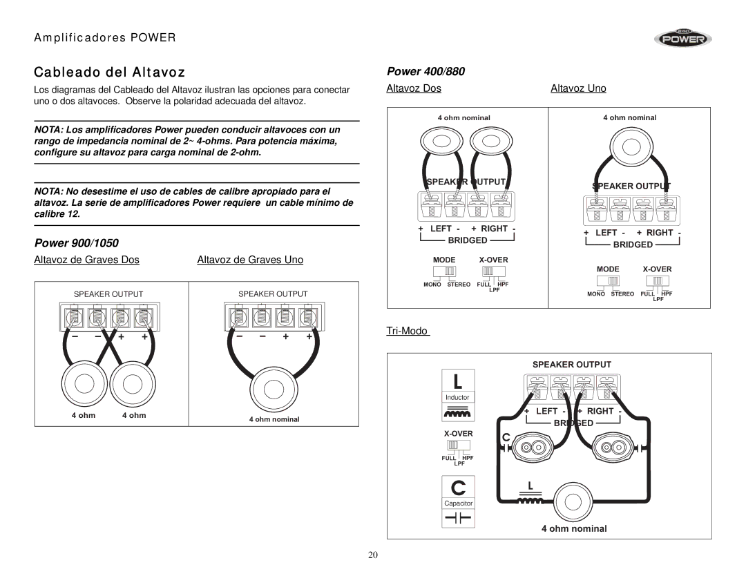 Jensen 760, 900, 1050, 880, 400, 920 operation manual Cableado del Altavoz, Altavoz Dos Altavoz Uno, Tri-Modo 