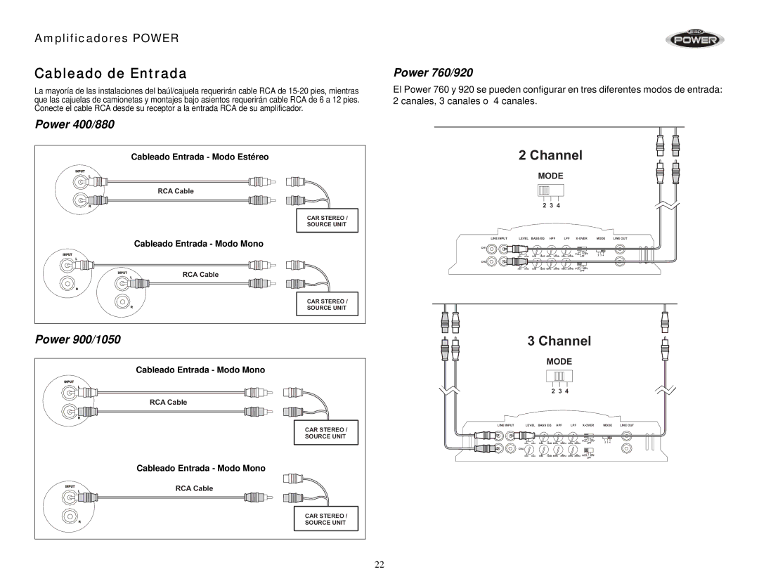 Jensen 900, 1050, 880, 400, 760, 920 operation manual Cableado de Entrada 