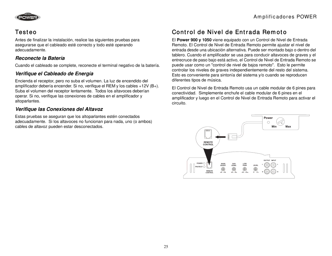 Jensen 400, 900, 1050 Testeo, Control de Nivel de Entrada Remoto, Reconecte la Batería, Verifique el Cableado de Energía 