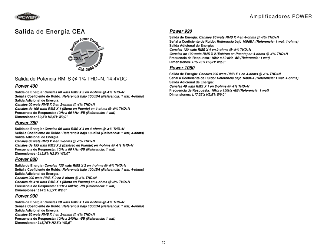 Jensen 920, 900, 1050, 880, 400, 760 operation manual Salida de Energía CEA, Salida de Potencia RMS @ 1% THD+N, 14.4VDC 