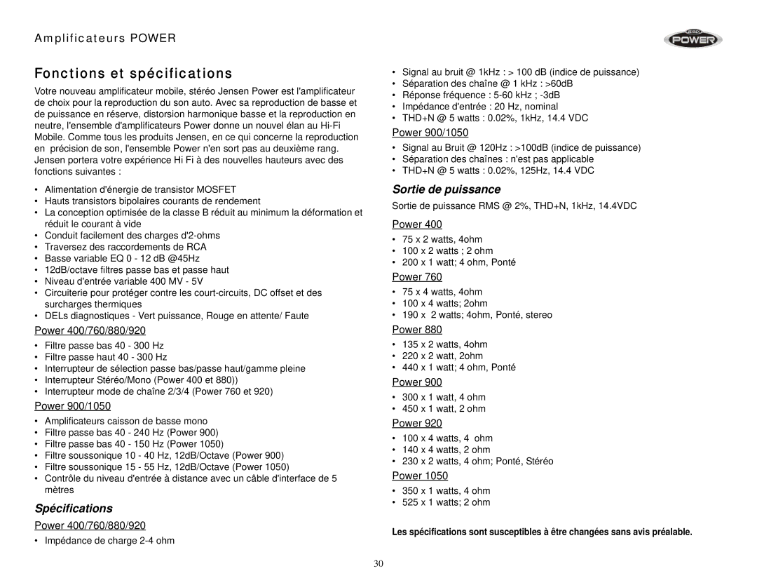 Jensen Fonctions et spécifications, Spécifications, Sortie de puissance, Power 400/760/880/920, Power 900/1050 