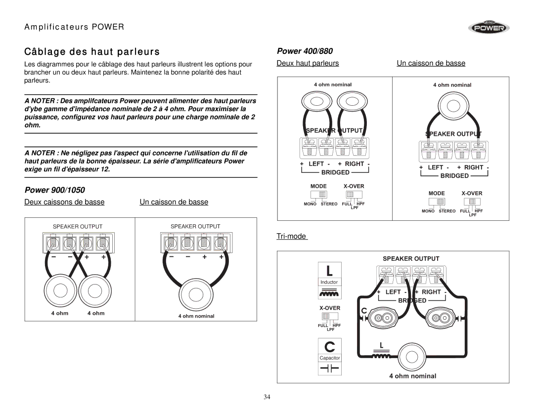 Jensen 900, 1050, 880, 400, 760, 920 operation manual Câblage des haut parleurs, Deux haut parleurs 