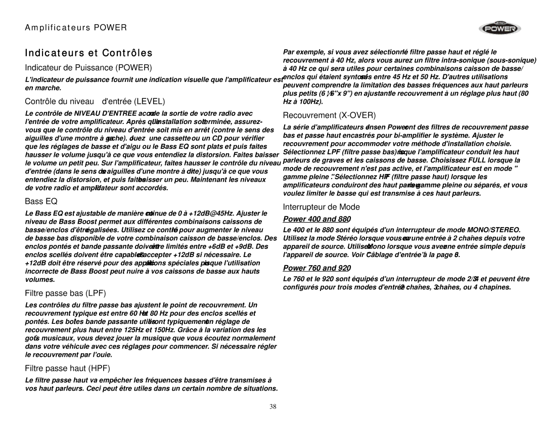 Jensen 760, 900, 1050, 880, 400, 920 operation manual Indicateurs et Contrôles 