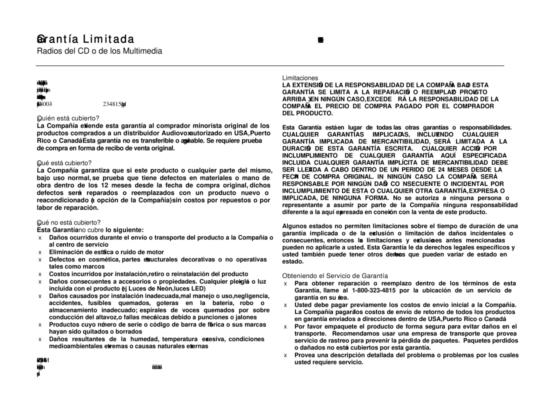 Jensen 400, 900, 1050, 880, 760, 920 operation manual Garantía Limitada, Radios del CD o de los Multimedia 