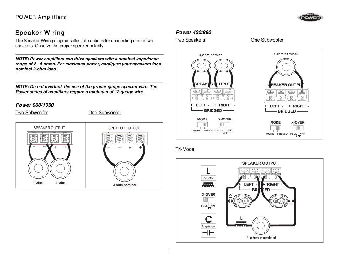 Jensen 760, 920 operation manual Speaker Wiring, Power 400/880, Power 900/1050, Two Speakers, Tri-Mode 