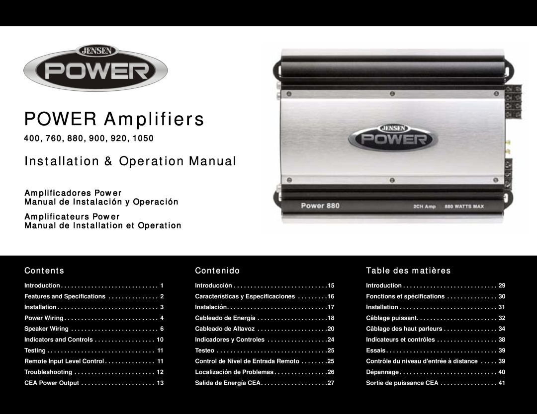 Jensen 1050 operation manual 400, 760, 880, 900, 920, Amplificadores Power Manual de Instalación y Operación, Contents 