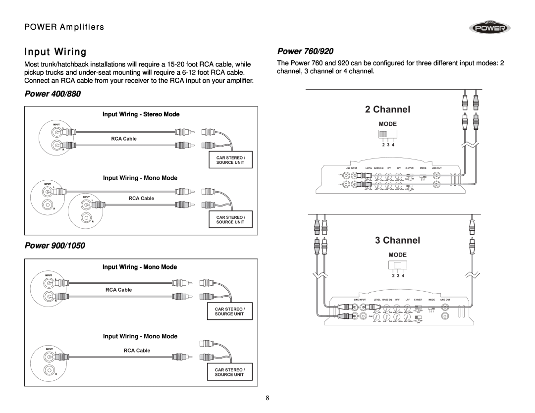 Jensen operation manual Input Wiring, Channel, POWER Amplifiers, Power 400/880, Power 900/1050, Power 760/920 