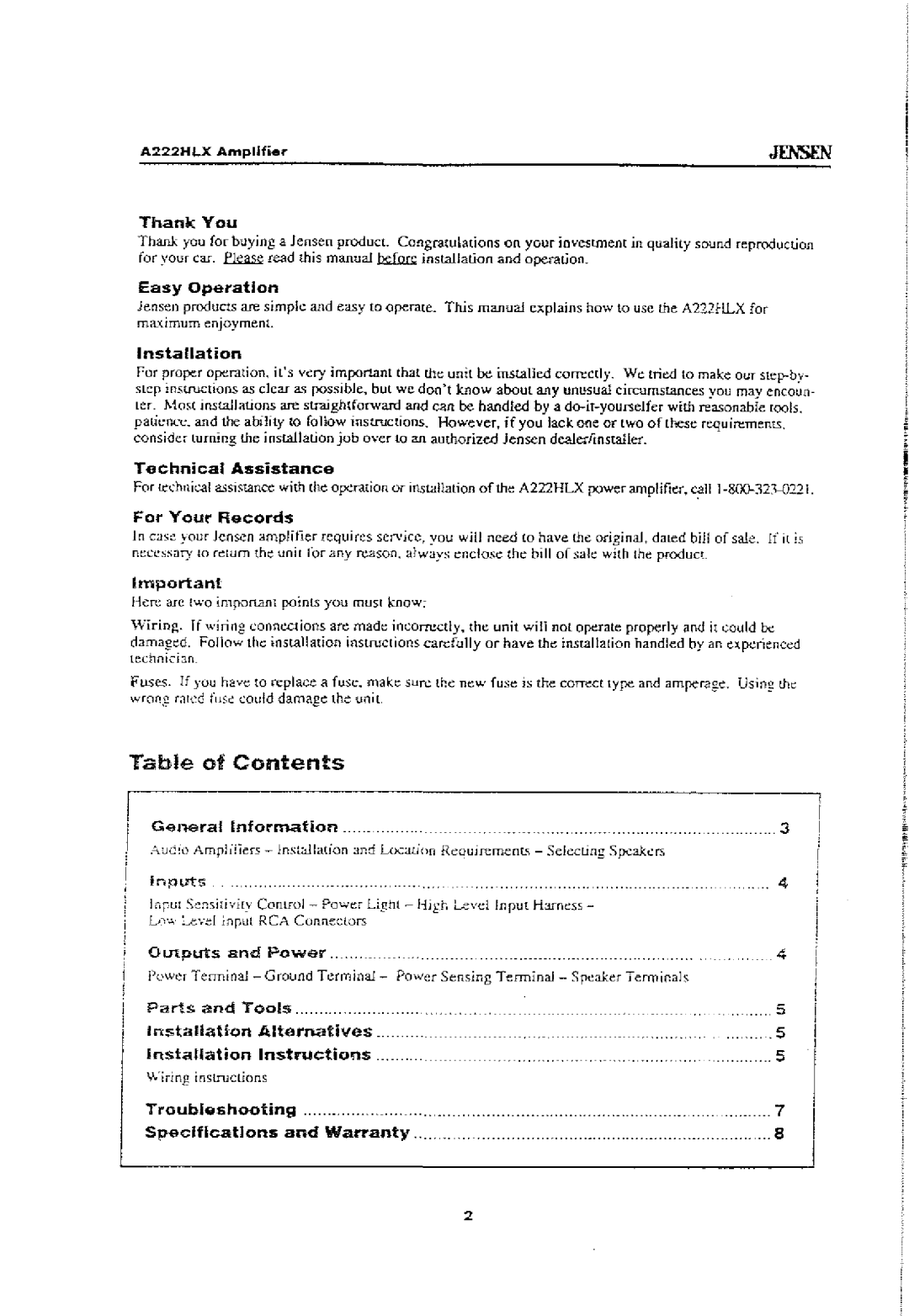 Jensen A222HLX owner manual Table of Contents 