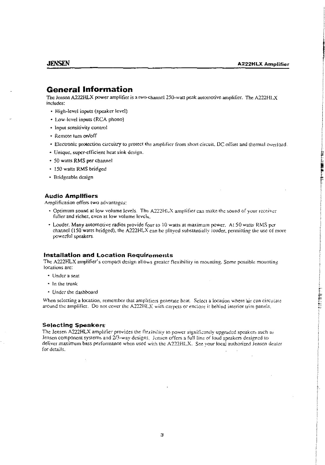 Jensen A222HLX General Information, Audio Amplifiers, Installation and Location Requirements, Selecting SpeakeNt 