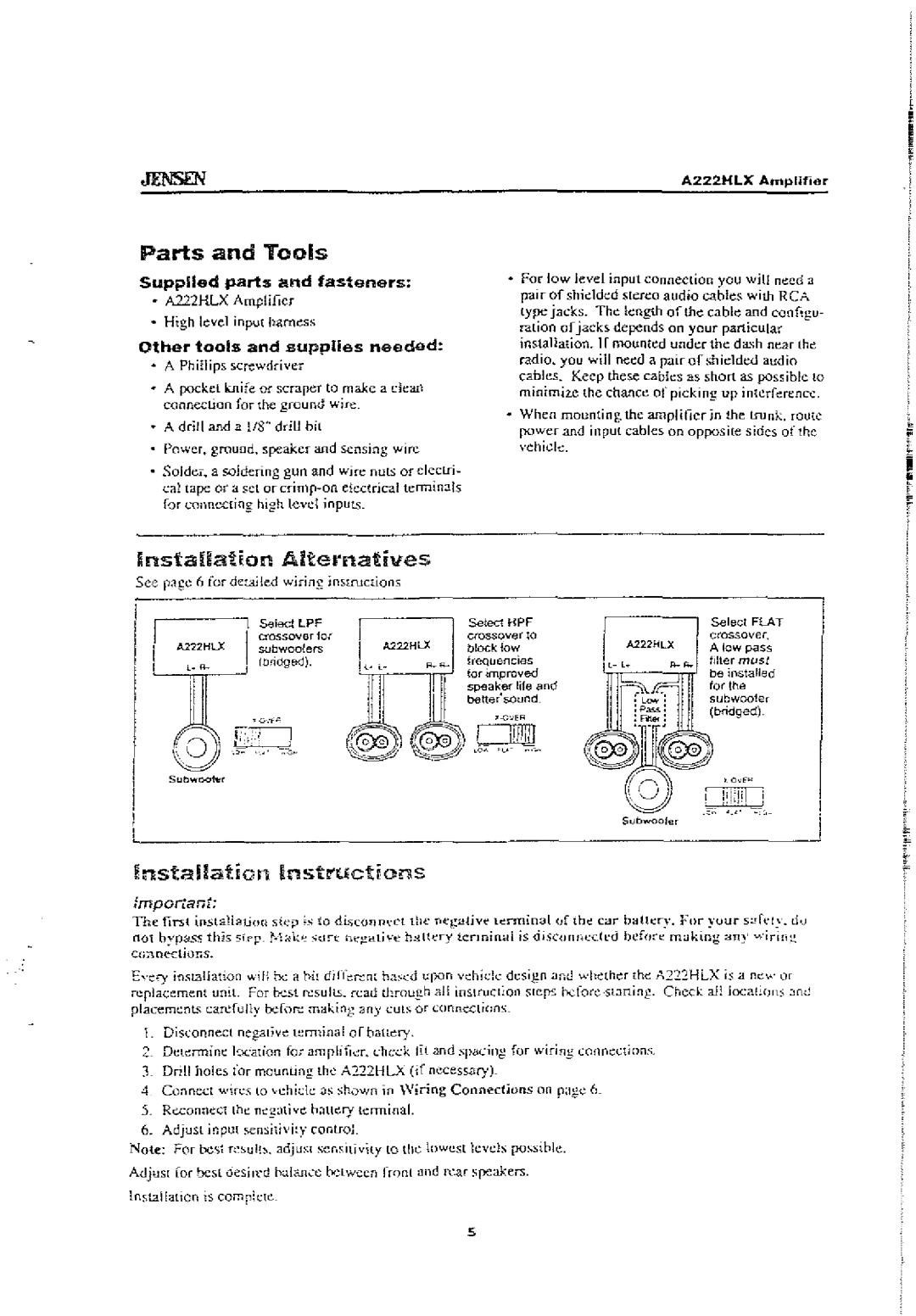 Jensen A222HLX Parts and Tools, Instaliaton Alternatives, Nstallation Instrfuct~ons, Supplied parts and fasteners 