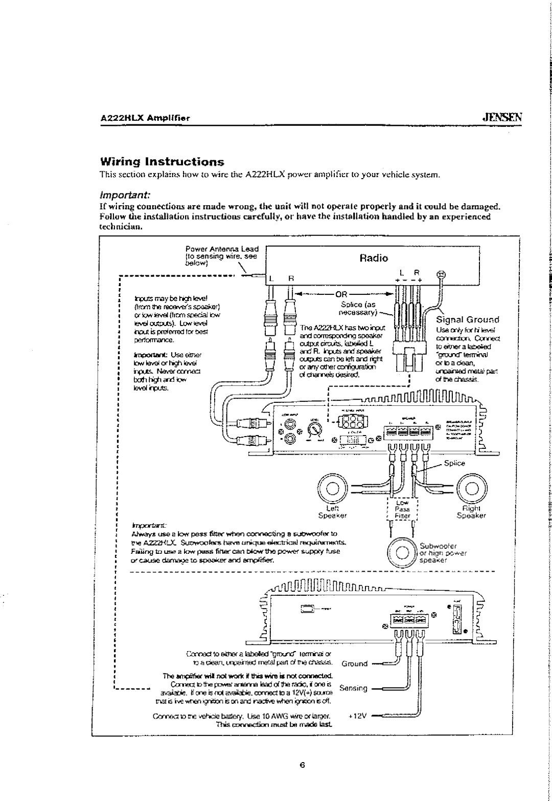 Jensen A222HLX owner manual ~lnJUli1JllUUU1JlJlJ\nn, Wiring Instructions 