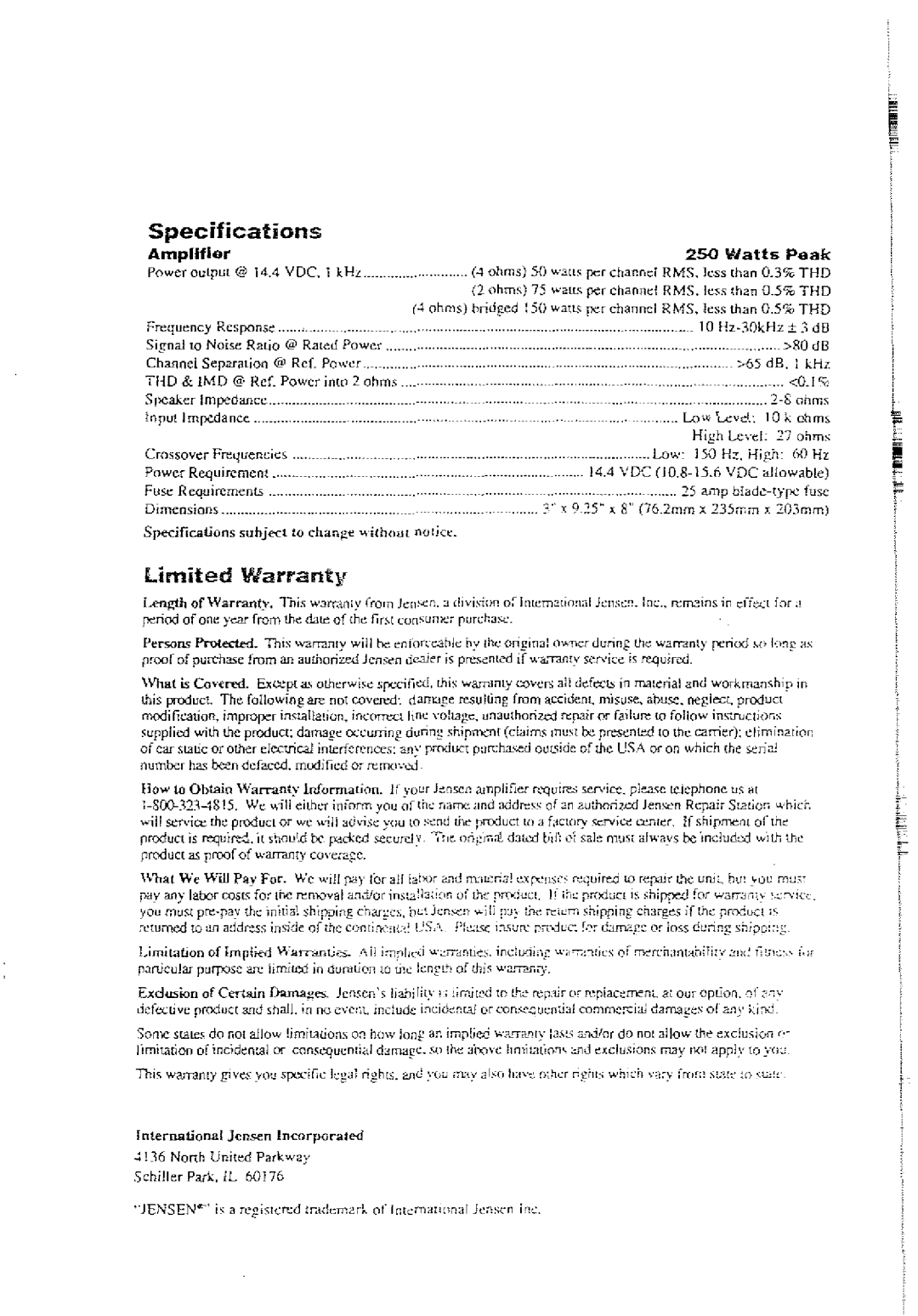 Jensen A222HLX owner manual Specifications, limited Warrant, Amplifier, Watts Peak, S ohms 