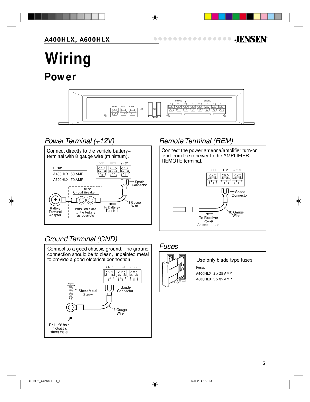 Jensen A600HLX, A400HLX warranty Wiring, Power 