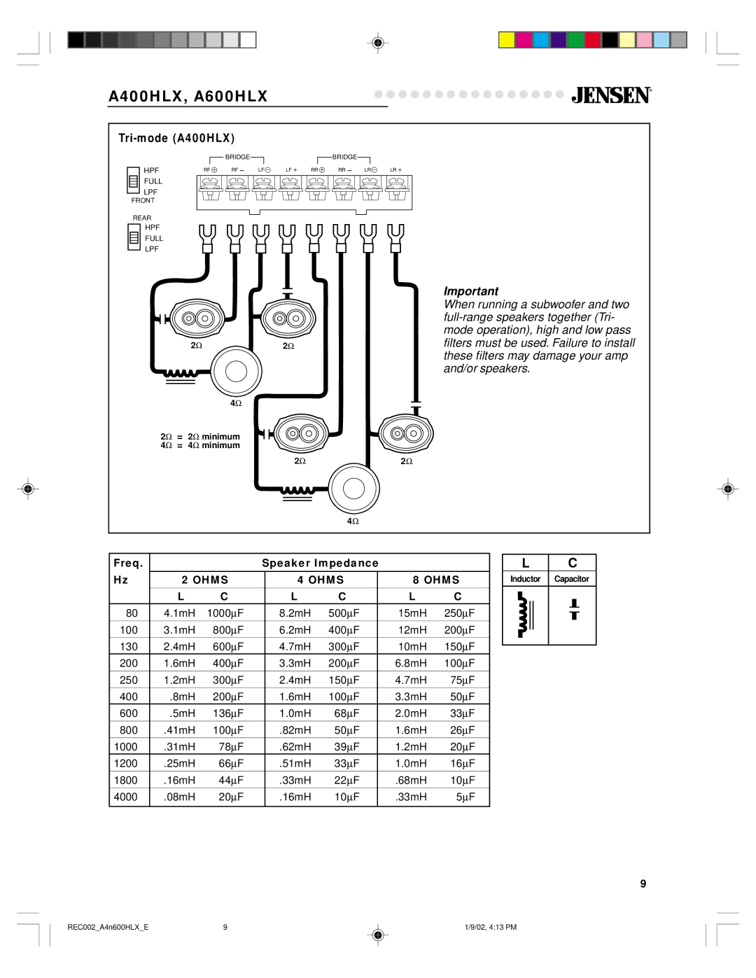 Jensen A600HLX warranty Tri-mode A400HLX, Ohms 