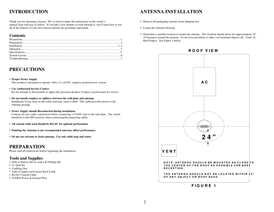 Jensen ANHD20 operation manual Introduction, Precautions, Preparation, Antenna Installation 