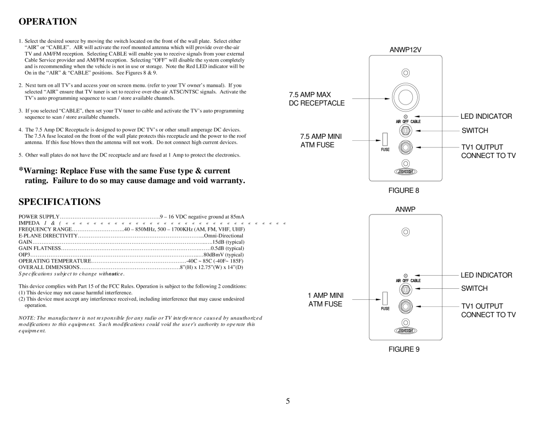 Jensen ANHD20 operation manual Operation, Specifications 