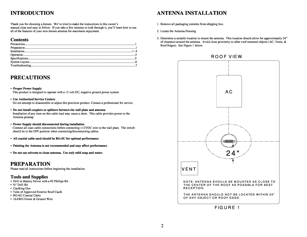 Jensen ANHD20 Introduction, Precautions, Preparation, Antenna Installation, Contents, Tools and Supplies, V E N T 
