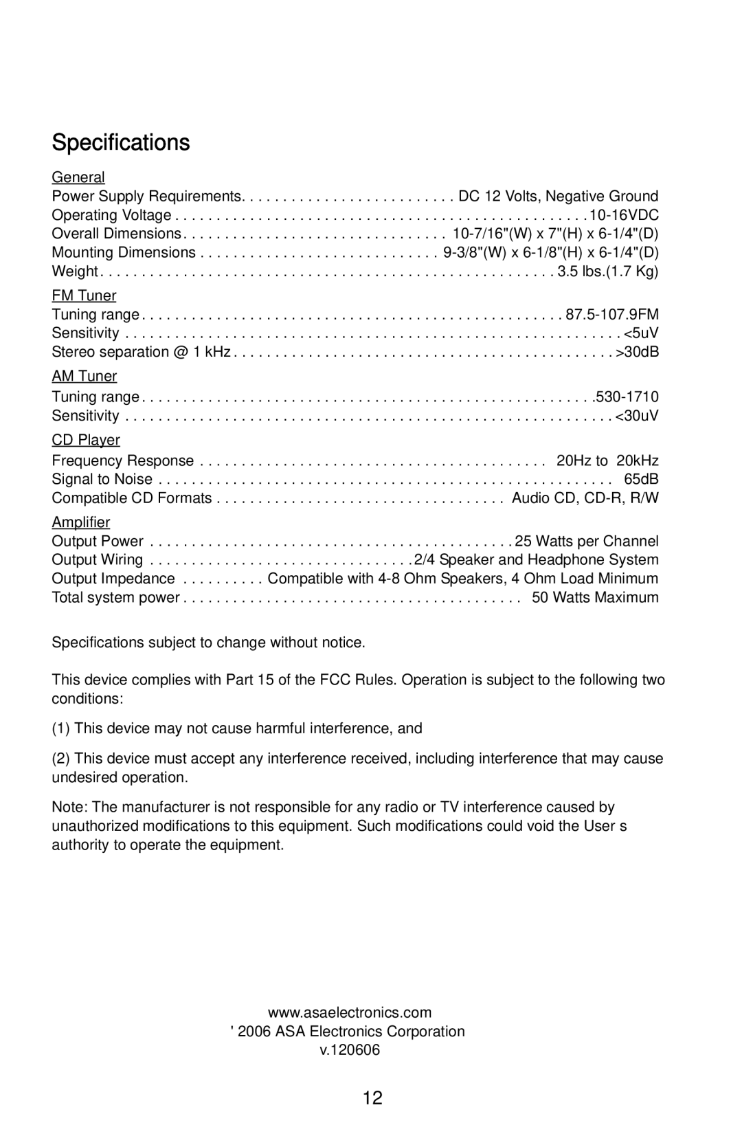 Jensen AWM910 owner manual Specifications, General 