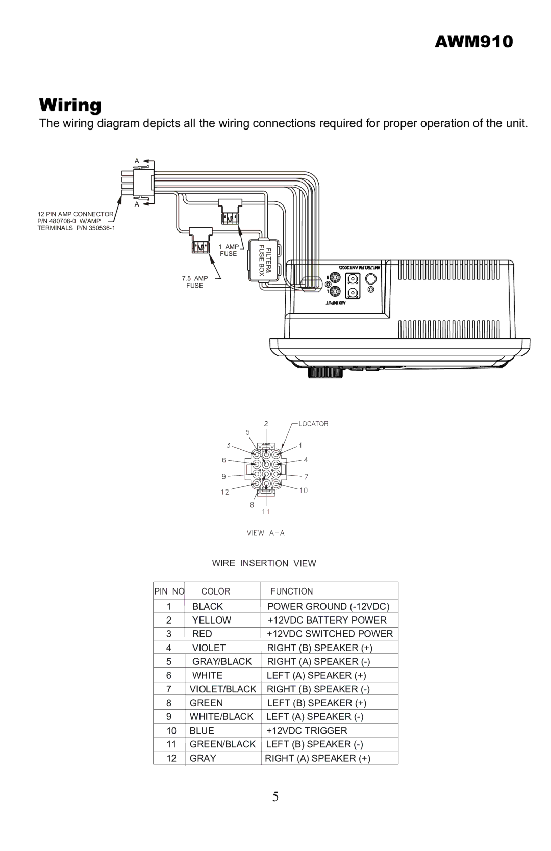 Jensen AWM910 owner manual Wiring 