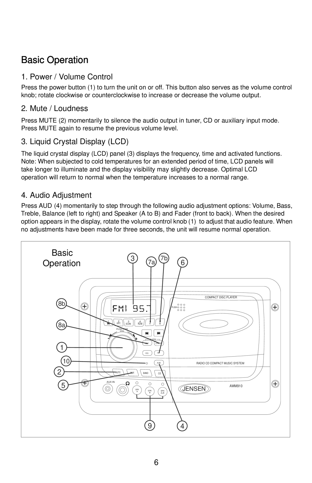Jensen AWM910 Basic Operation, Power / Volume Control, Mute / Loudness, Liquid Crystal Display LCD, Audio Adjustment 