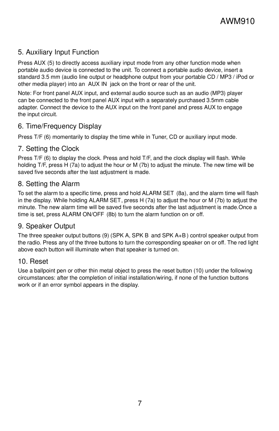 Jensen AWM910 Auxiliary Input Function, Time/Frequency Display, Setting the Clock, Setting the Alarm, Speaker Output 