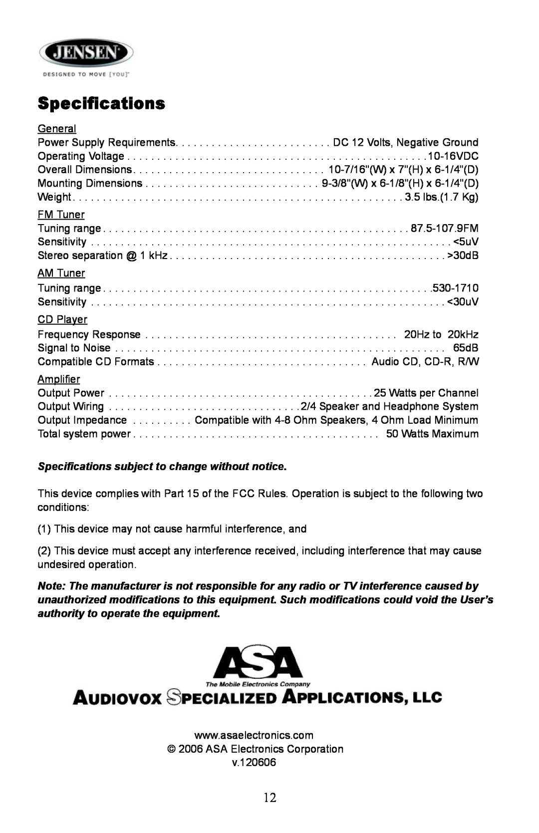 Jensen AWM910 owner manual Specifications subject to change without notice 