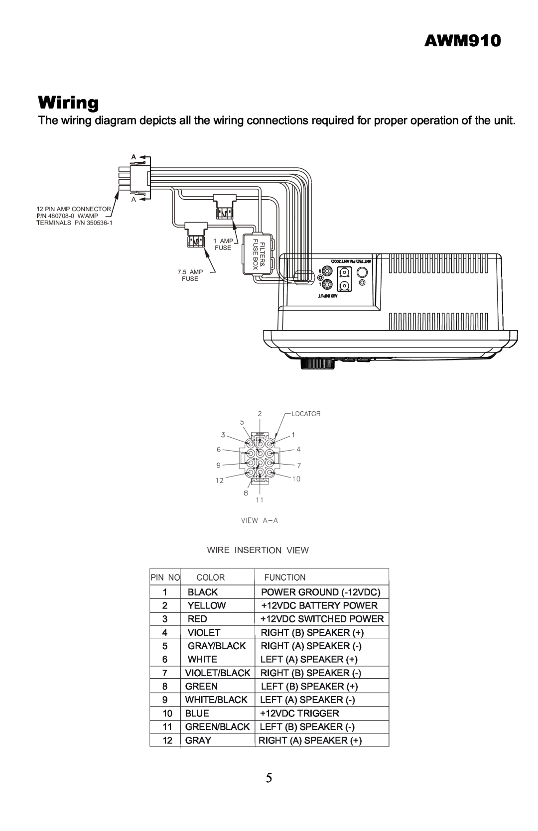 Jensen AWM910 owner manual Wiring, Wire Insertion View, Pin No, Color, Function 