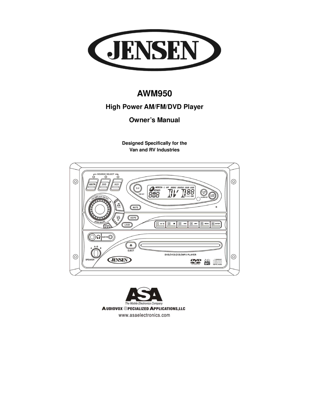 Jensen AWM950 owner manual Designed Specifically for Van and RV lndustries 