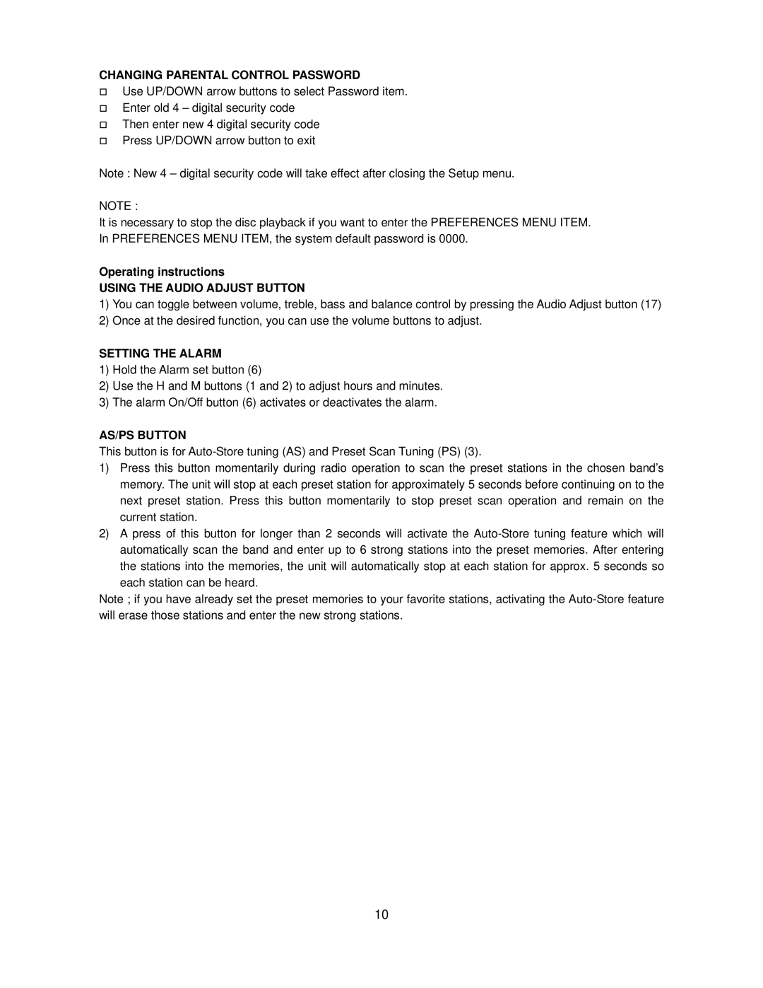Jensen AWM950 Changing Parental Control Password, Using the Audio Adjust Button, Setting the Alarm, AS/PS Button 